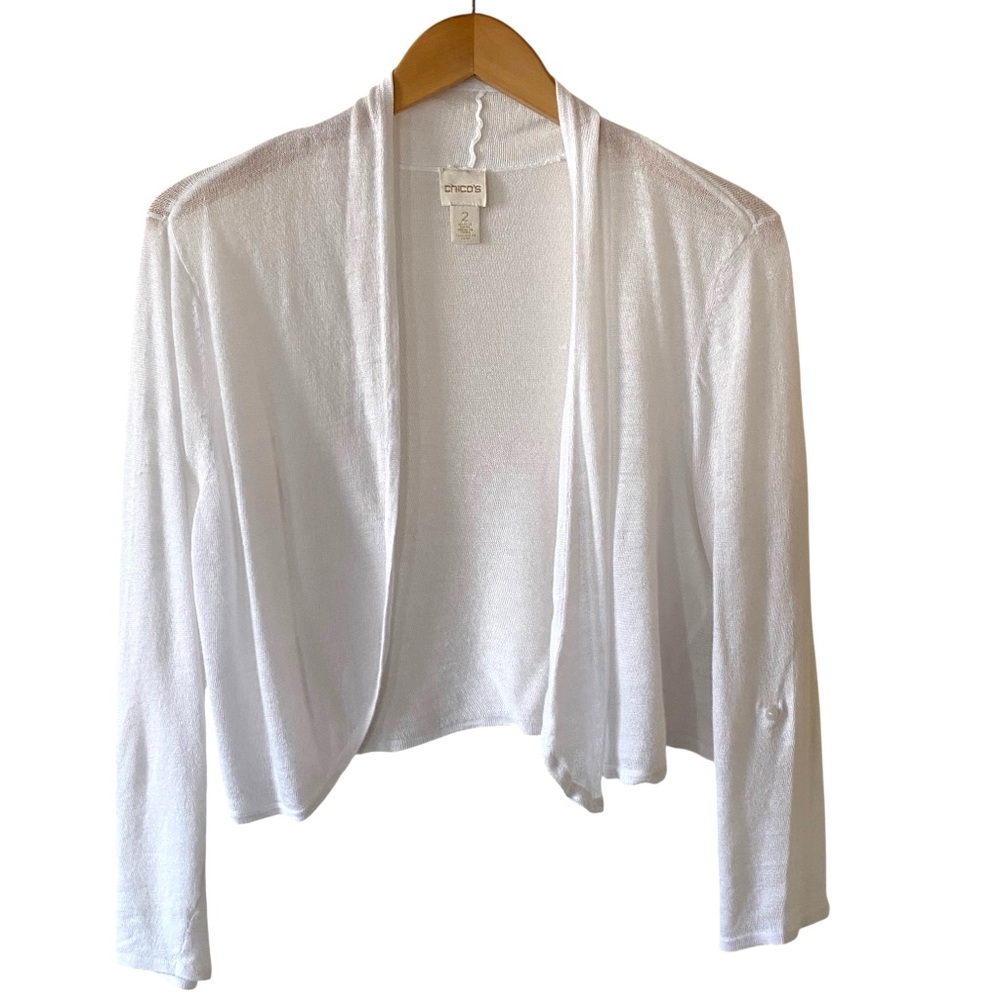 Chico’s White Knit Open Cardigan Shrug Roll Tab Long Sleeves Lightweight Sz 2/L - Picture 8 of 8
